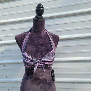 NWT Sunseeker Bikini Top Purple Striped Padded Halter Tie Pink Gray Back Sz 4
